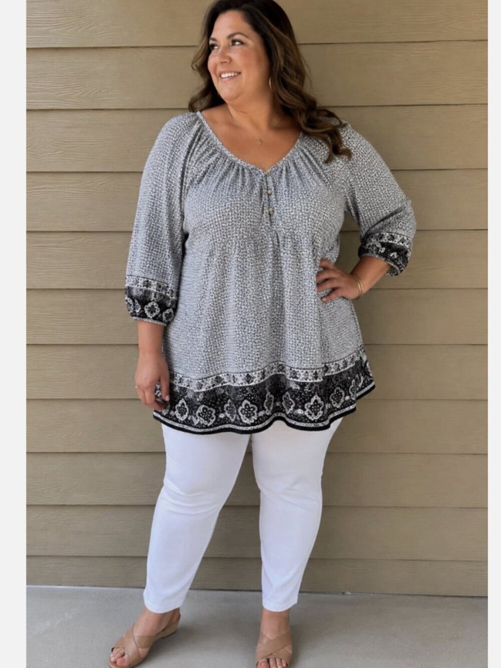 Valerie Bertinelli Blouse V-Neck 3/4 Sleeve Printed Cotton Tunic Size 2X - Picture 2 of 10
